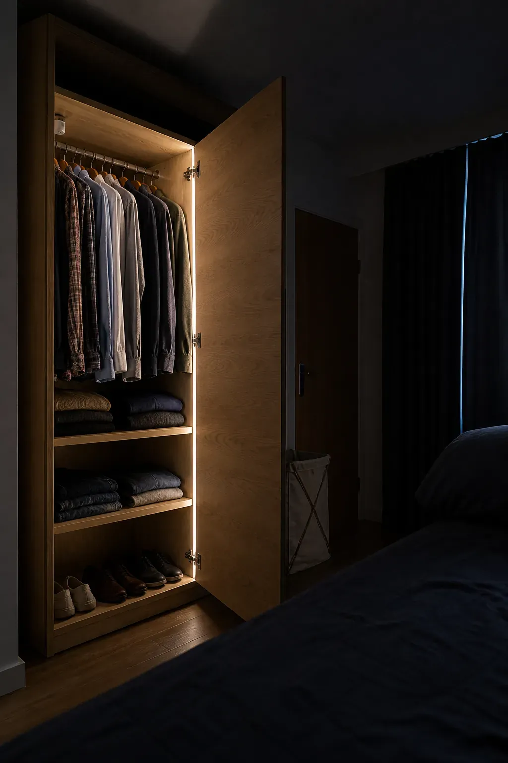 Small wardrobe lit internally without brightening the whole bedroom