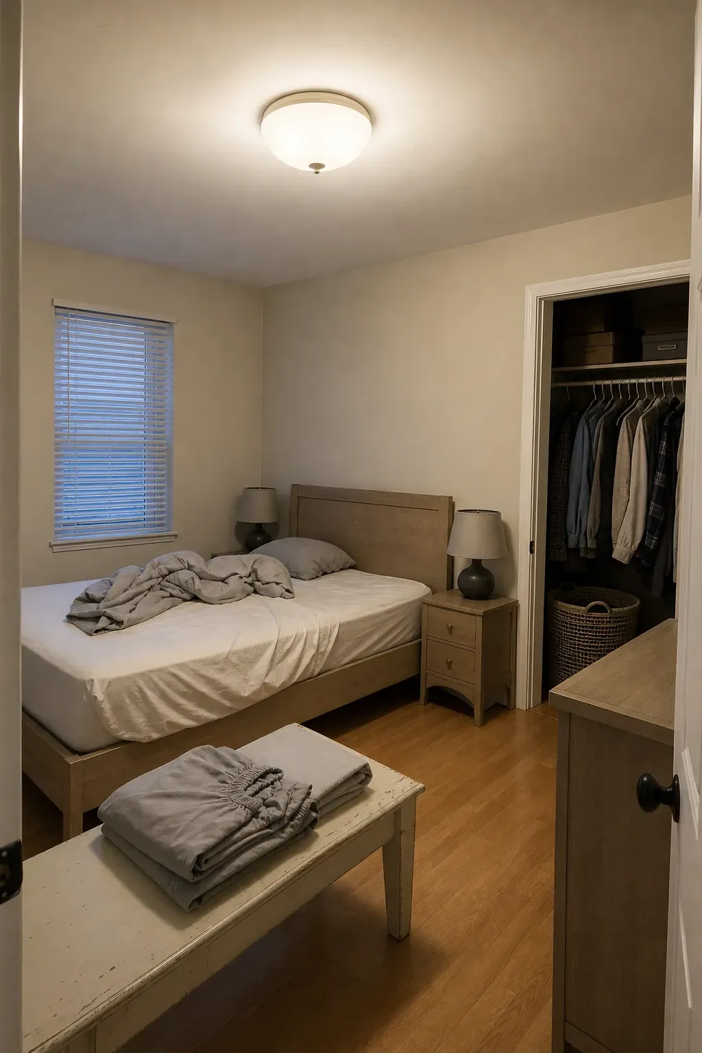Diffused ceiling shade softening overhead bedroom light