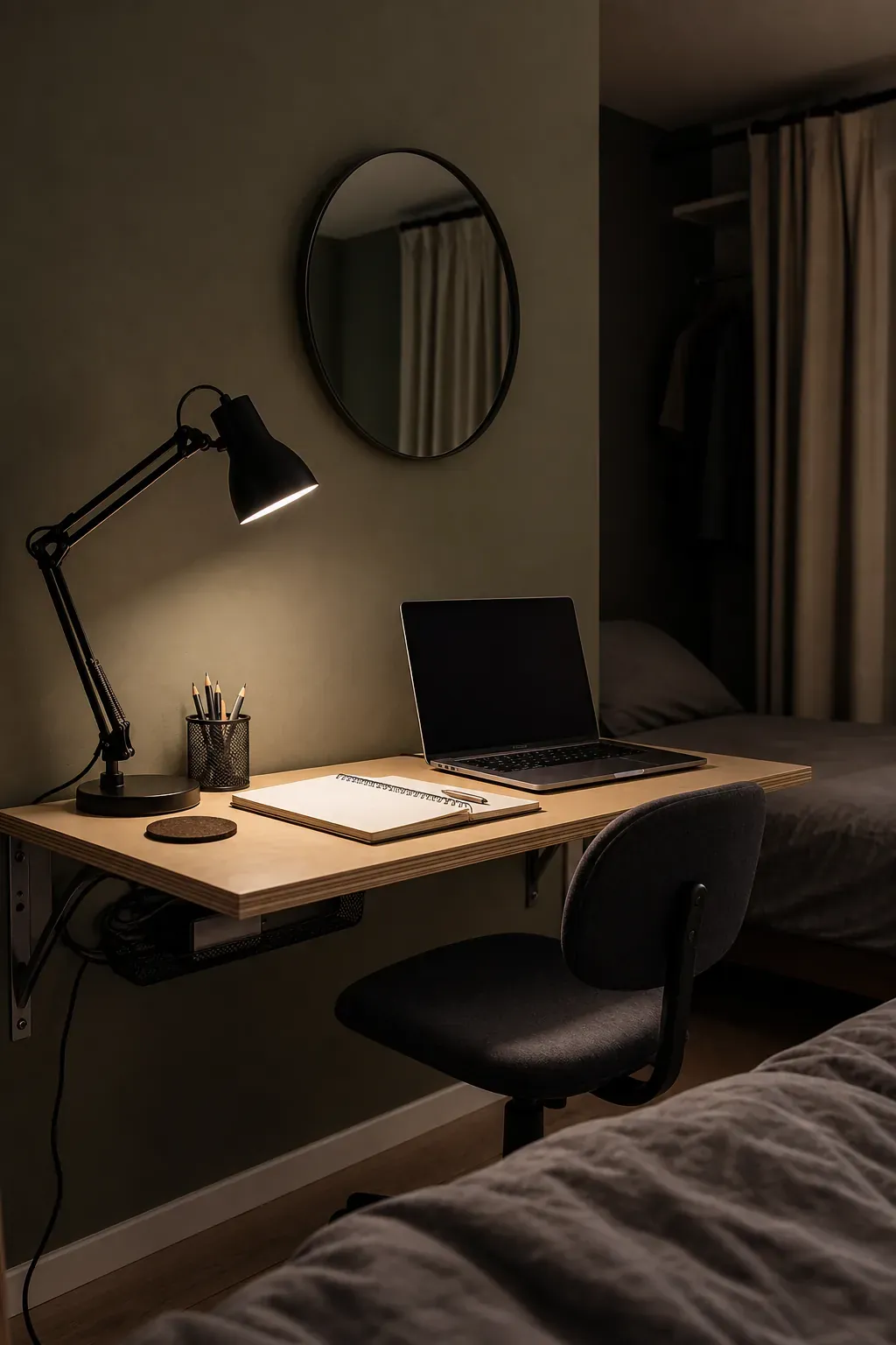 Bedroom desk lamp positioned to avoid mirror and screen glare