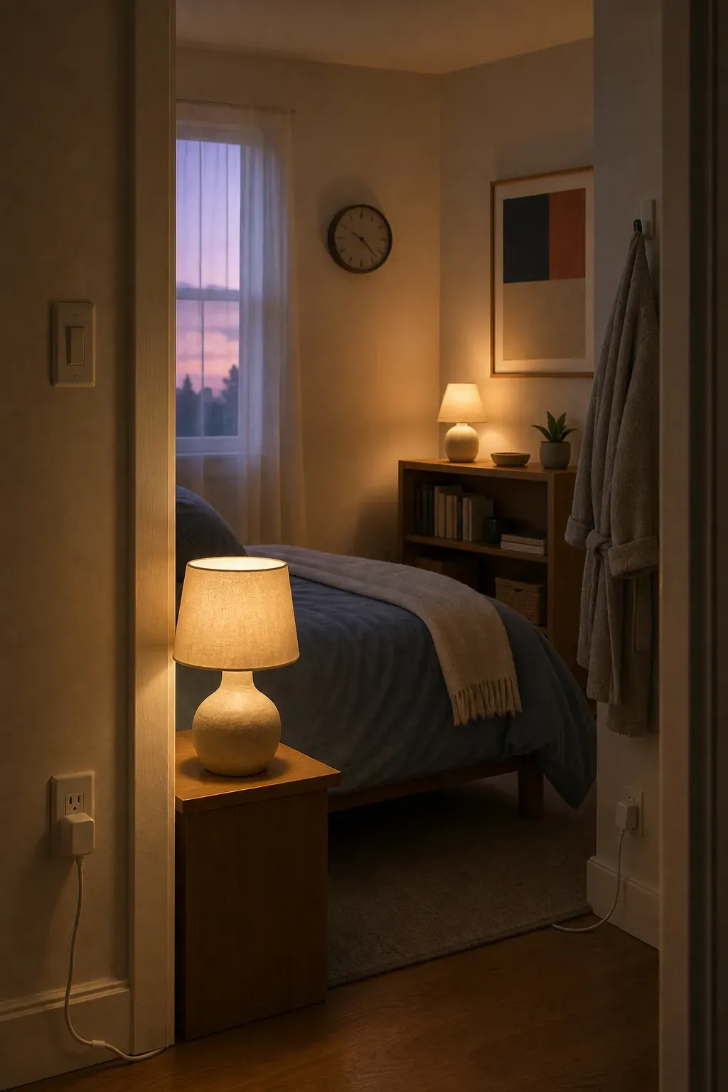 Small bedroom lamps creating a timed sunset lighting scene