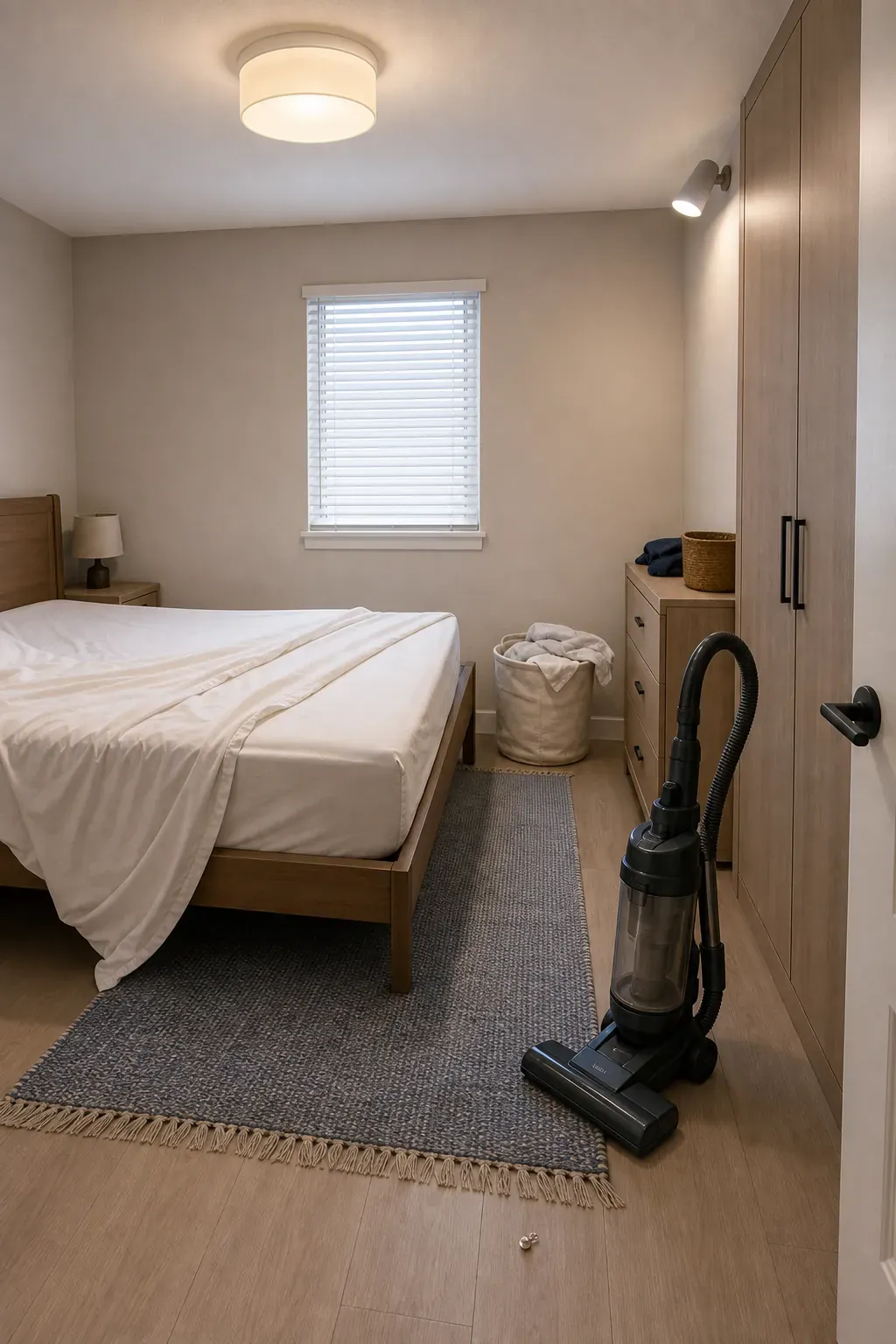 Compact bedroom shown with a practical brighter cleaning light mode
