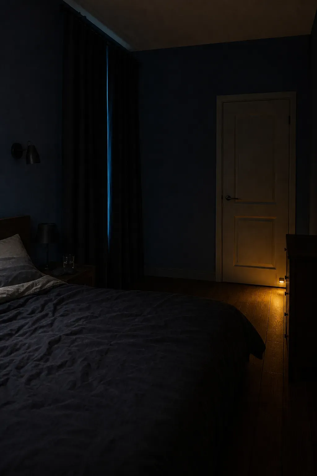 Small bedroom settling into darkness with only a faint concealed path light
