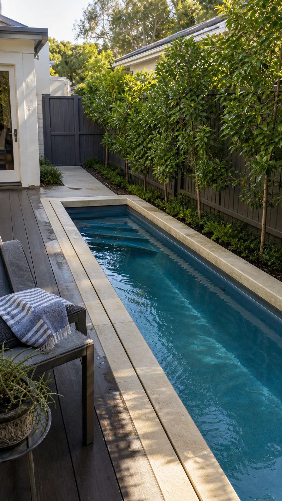 run the pool along the back fence for a space-saving small backyard pool