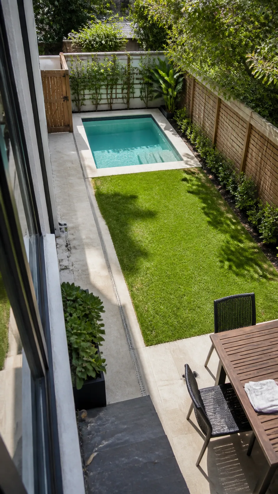 use a corner pool to save open space for a space-saving small backyard pool