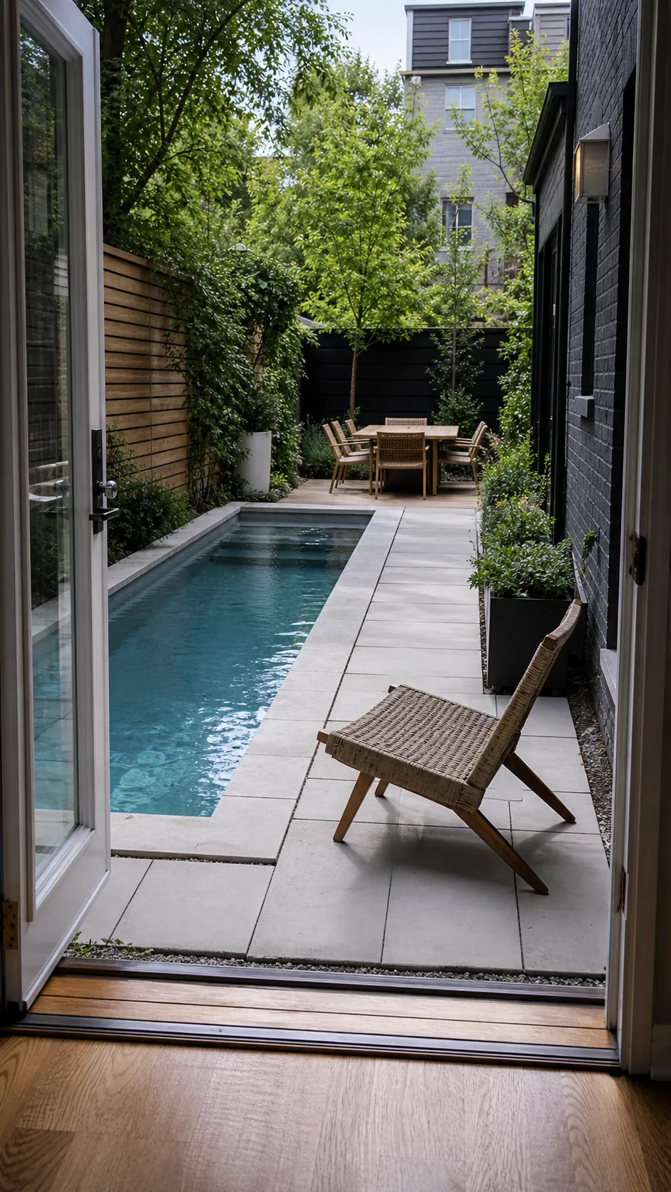 Space-saving small backyard pool with vertical planting and flexible dry terrace