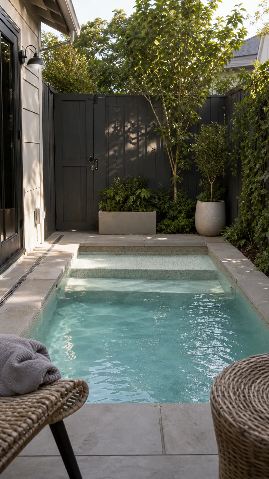 swap a deep end for a social bench for a space-saving small backyard pool