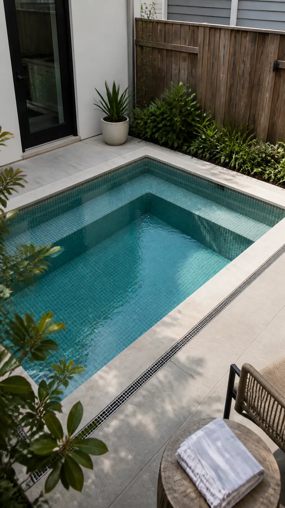 build seating into the pool wall for a space-saving small backyard pool