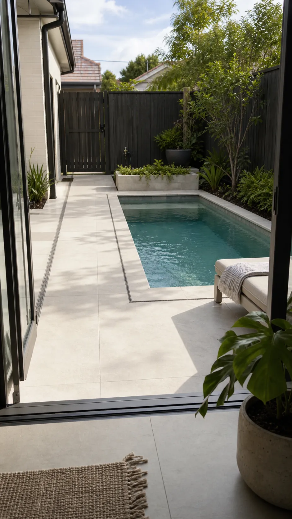 use one continuous deck material for a space-saving small backyard pool