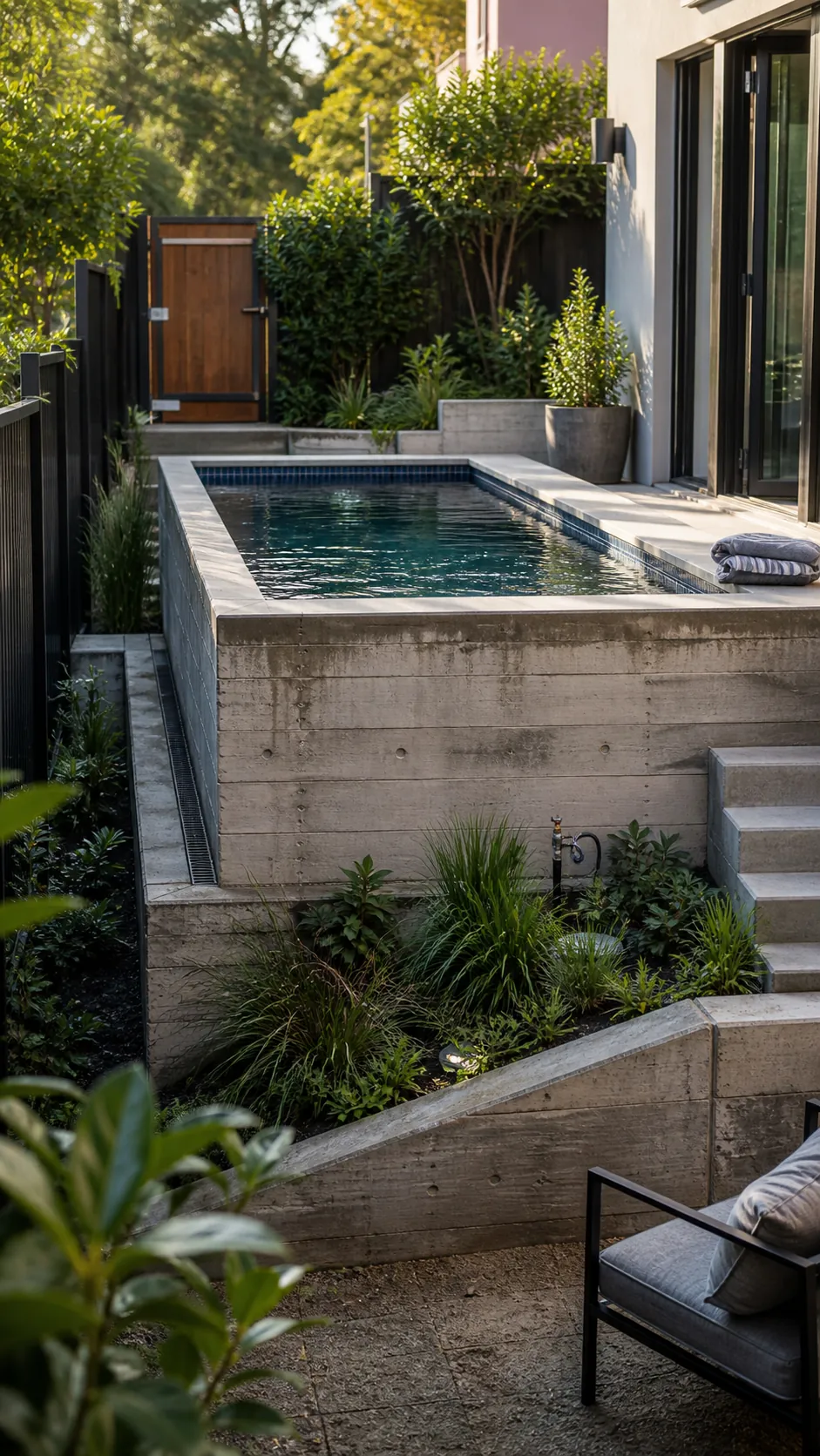 use a raised pool on a sloping yard for a space-saving small backyard pool