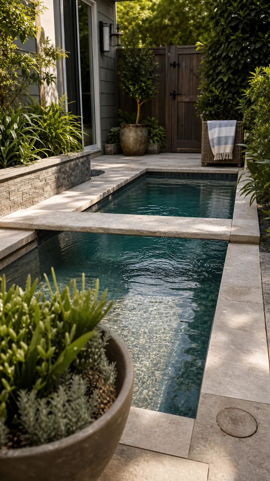 bridge the pool with a narrow walkway for a space-saving small backyard pool