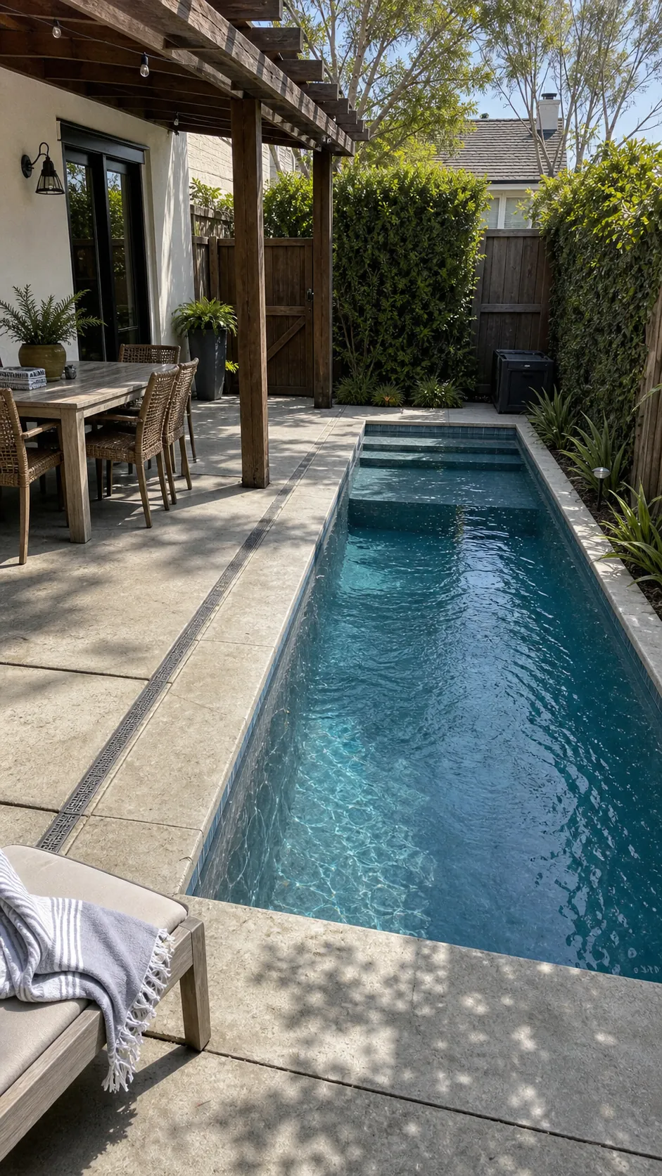 fit a pool beside an existing patio for a space-saving small backyard pool