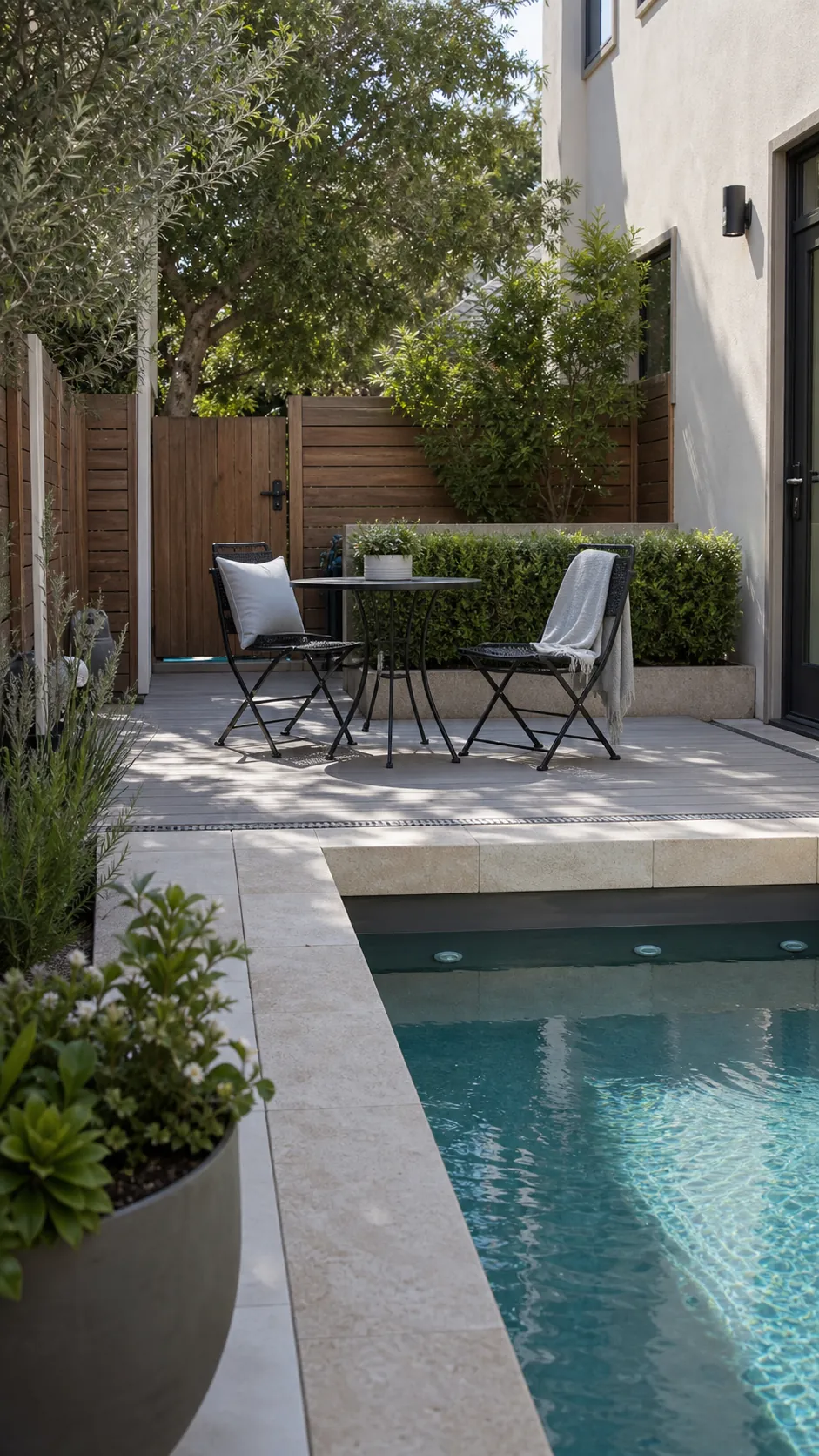 turn the pool cover into a terrace for a space-saving small backyard pool