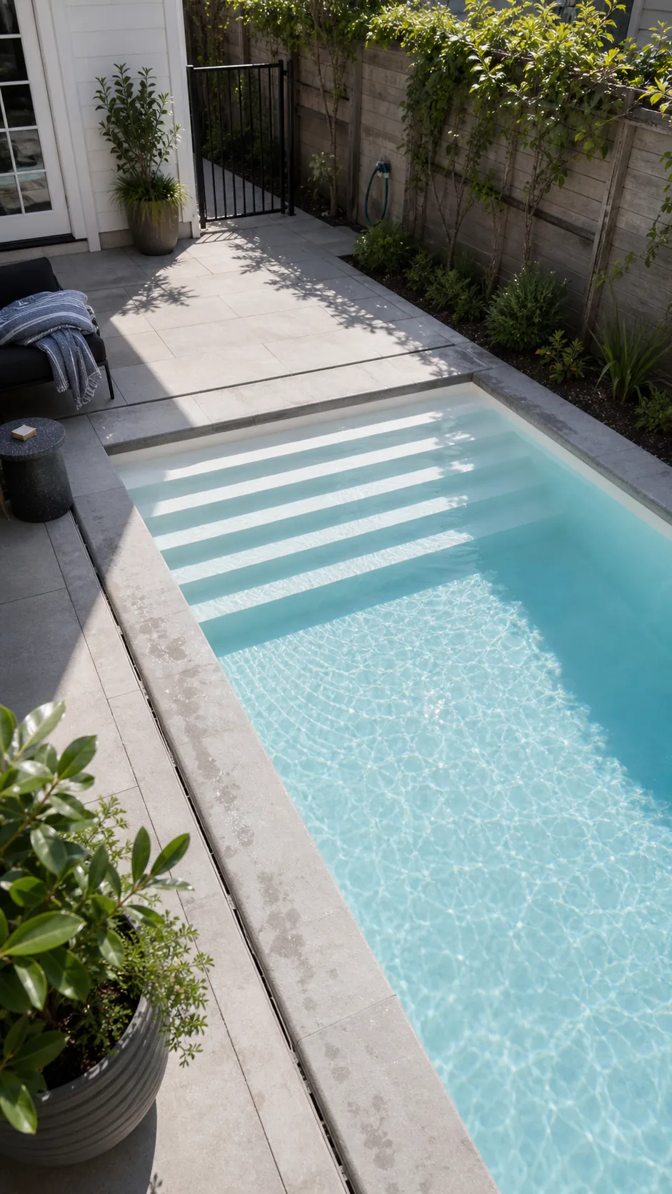 place steps across the full width for a space-saving small backyard pool