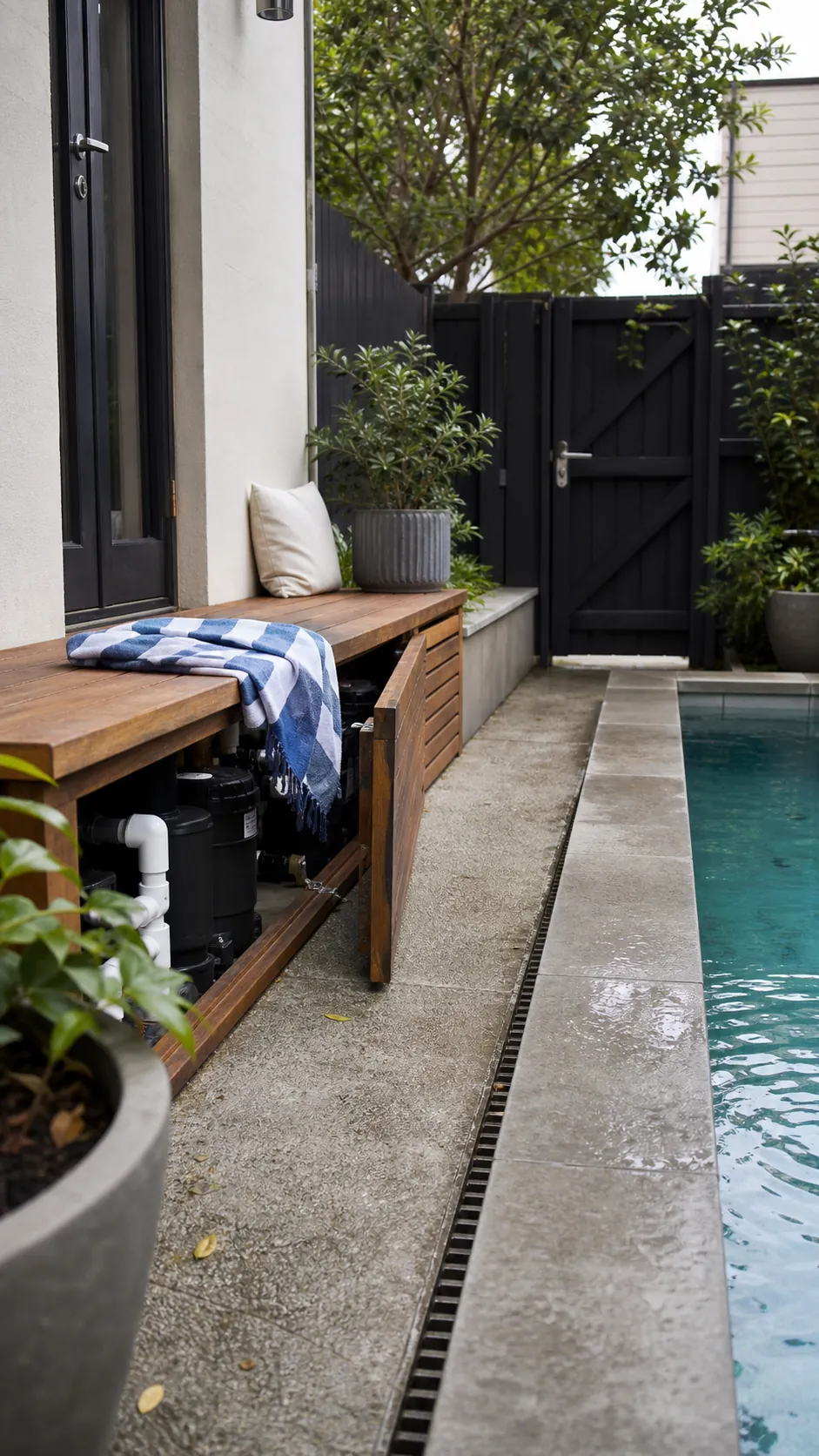 tuck equipment under a built-in bench for a space-saving small backyard pool