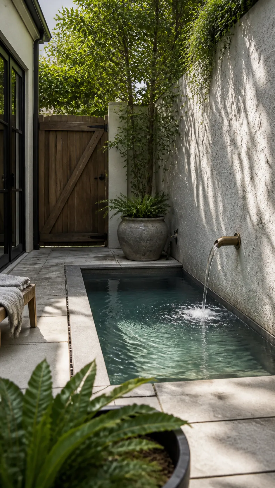 use a wall-mounted fountain instead of a waterfall for a space-saving small backyard pool