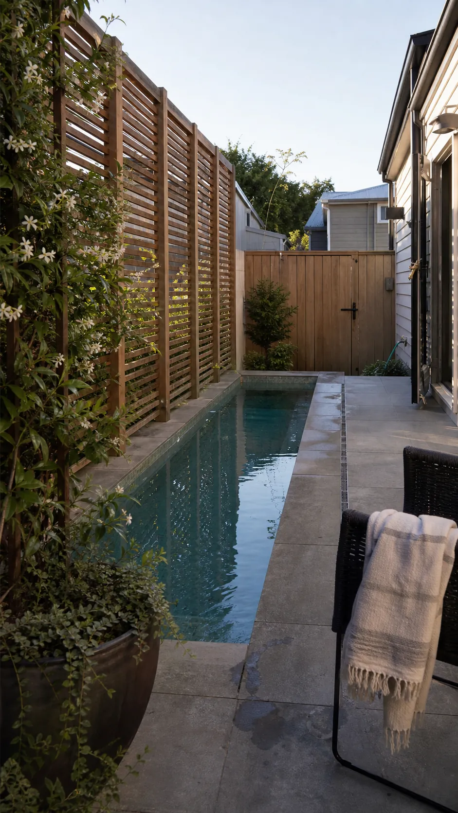 screen the pool with slatted timber for a space-saving small backyard pool