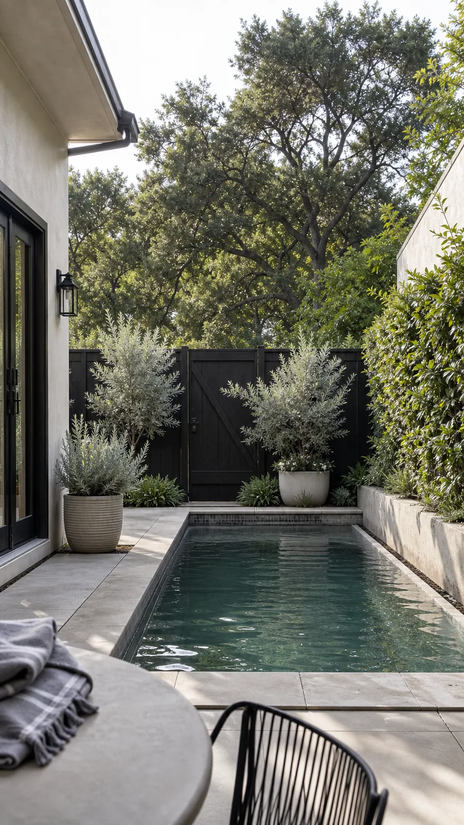 borrow greenery from beyond the fence for a space-saving small backyard pool