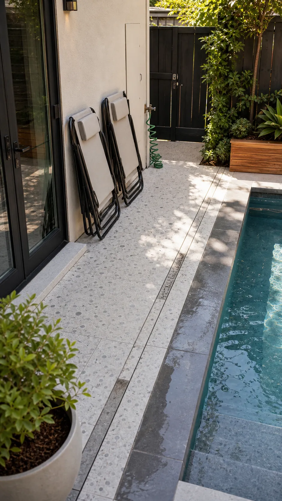 choose foldable poolside furniture for a space-saving small backyard pool