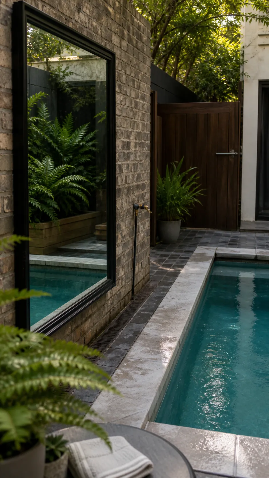use a mirror on a dry garden wall for a space-saving small backyard pool