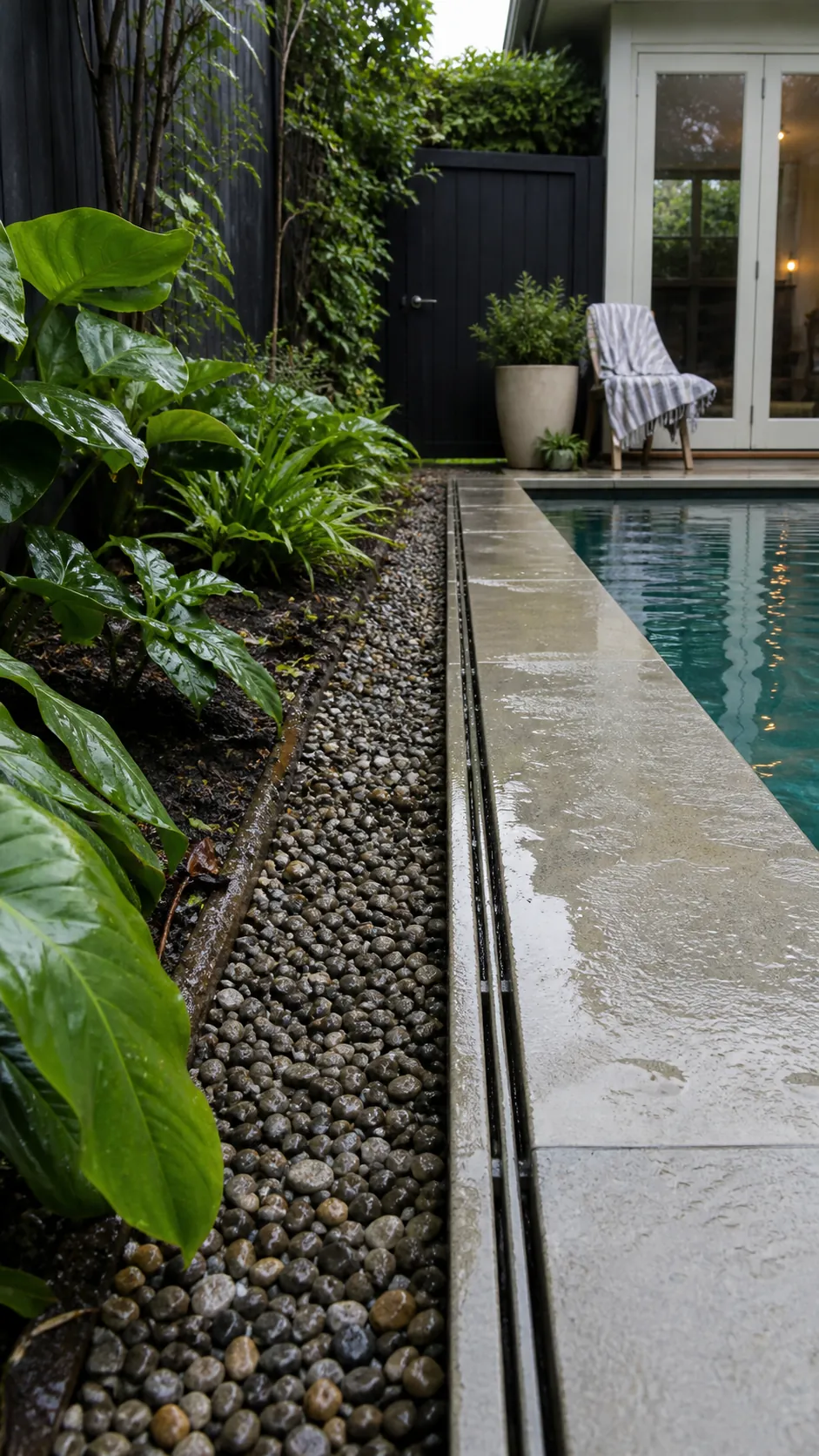 use gravel as a slim drainage band for a space-saving small backyard pool