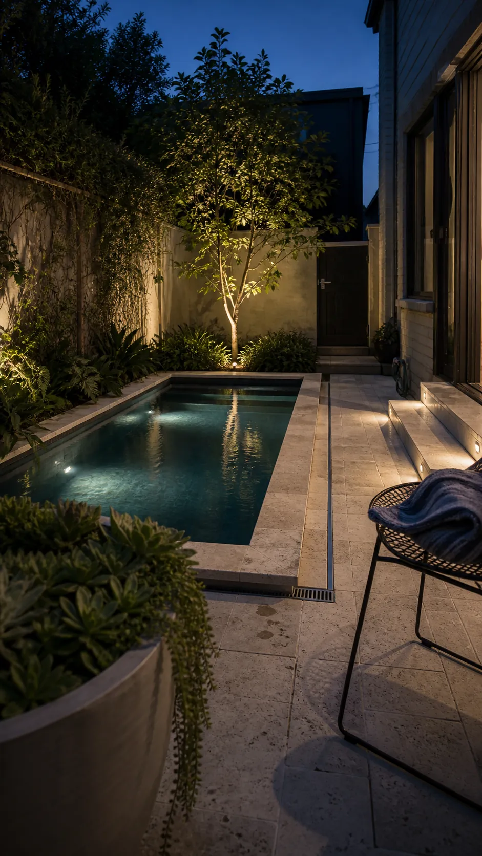 create a nighttime courtyard pool for a space-saving small backyard pool
