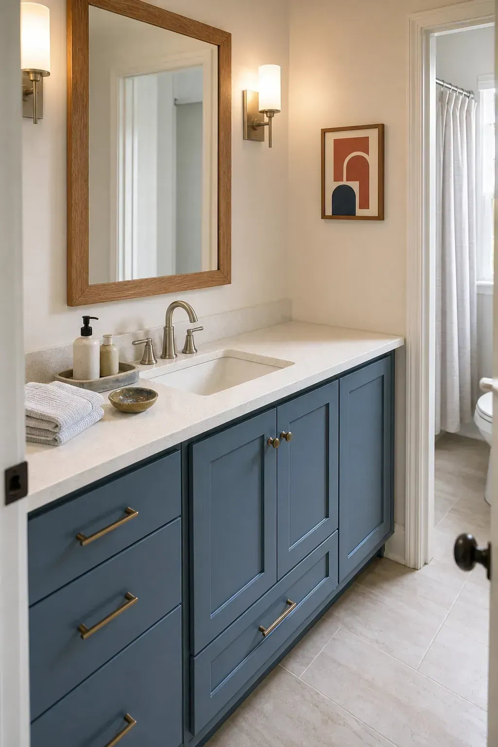 Welcoming guest bathroom vanity styled with useful decor and clear counter space