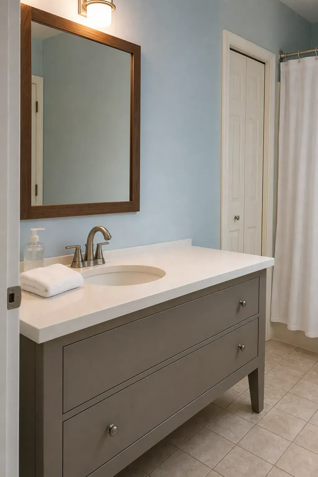Guest bathroom vanity with a generous clear landing zone