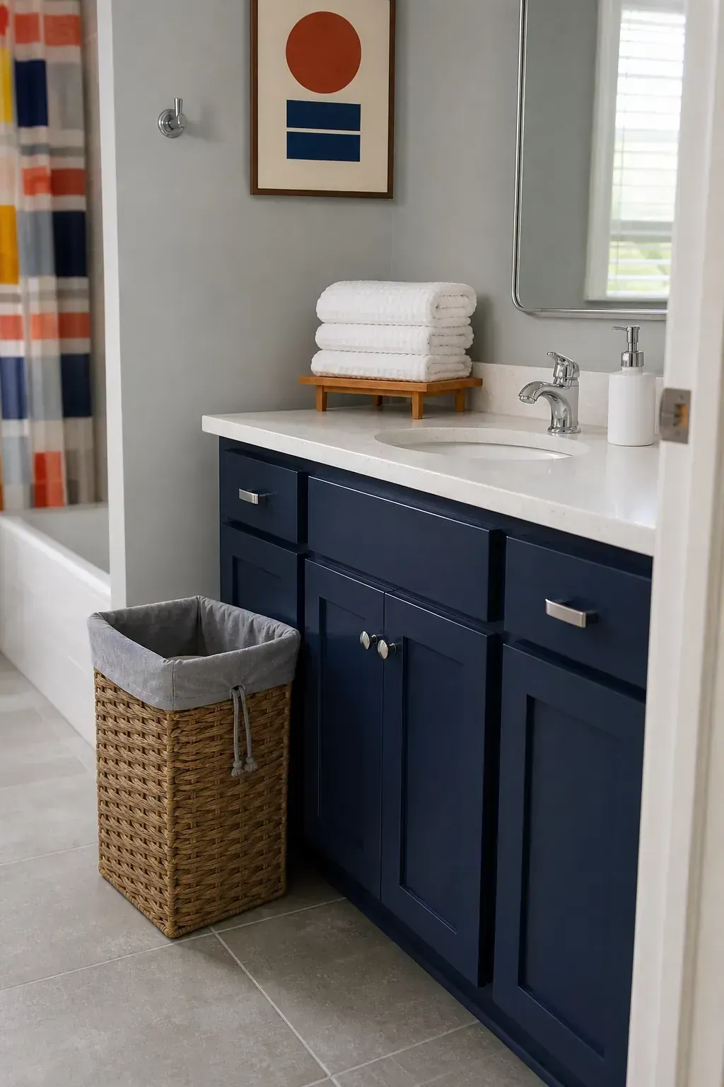 Stack of fresh individual hand towels beside a guest bathroom vanity