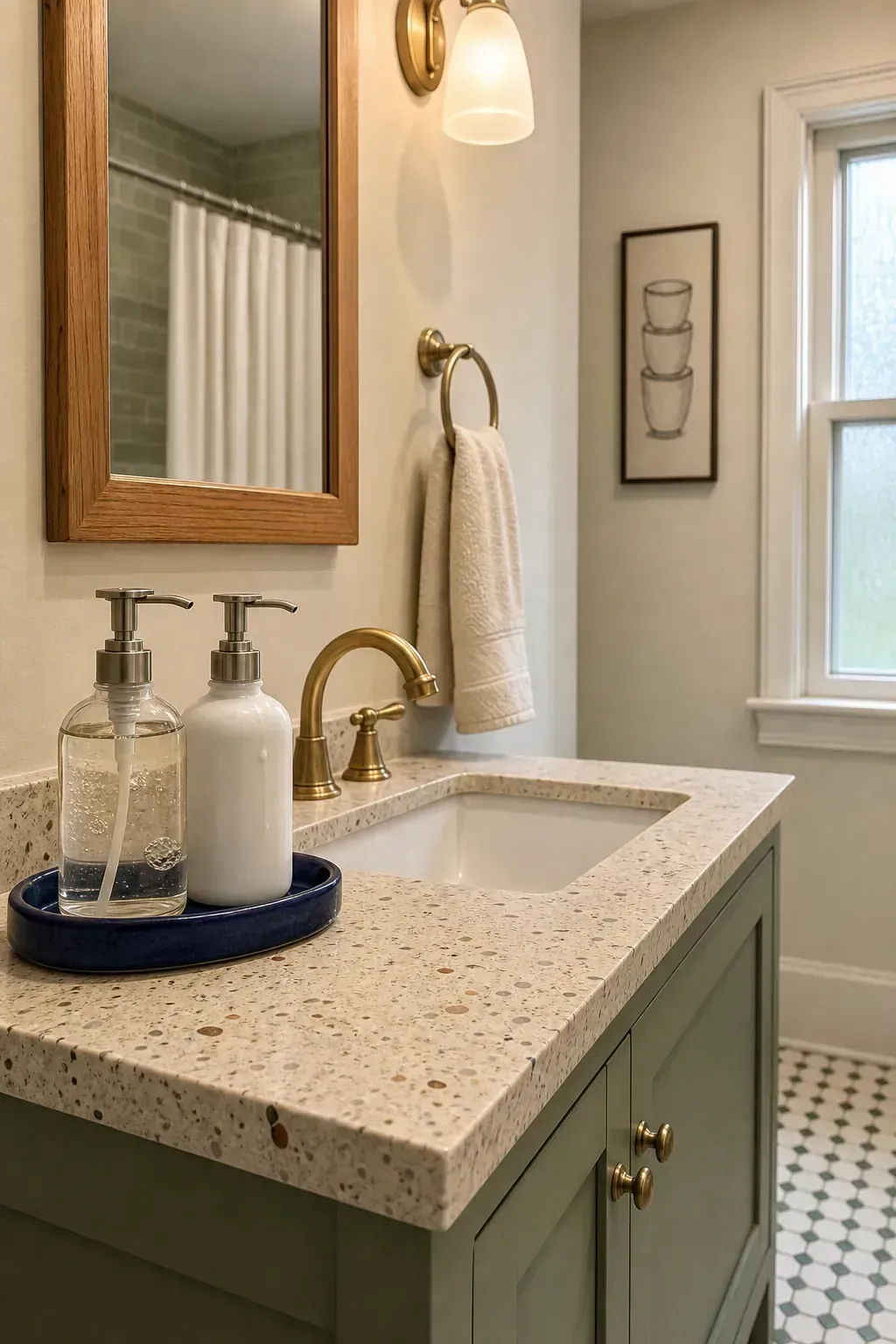 Washable tray holding soap and lotion on a guest vanity