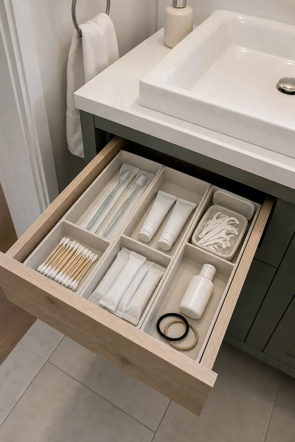 Organized guest bathroom vanity drawer with forgotten essentials
