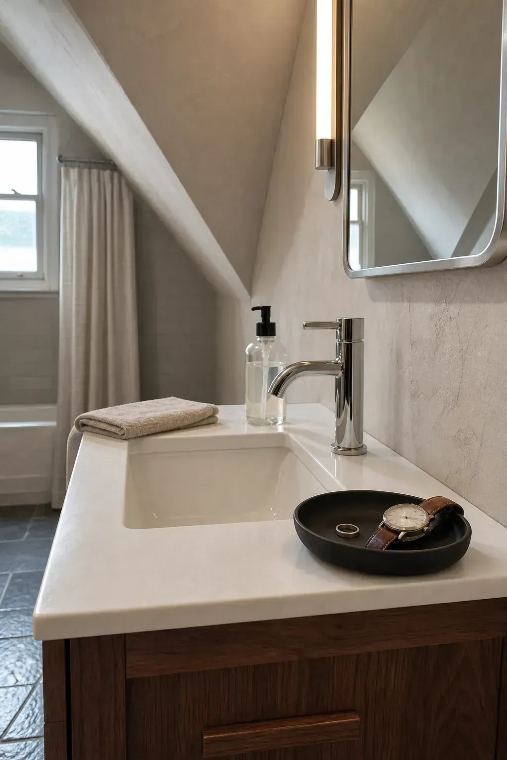 Small jewelry catchall dish on the dry side of a guest vanity