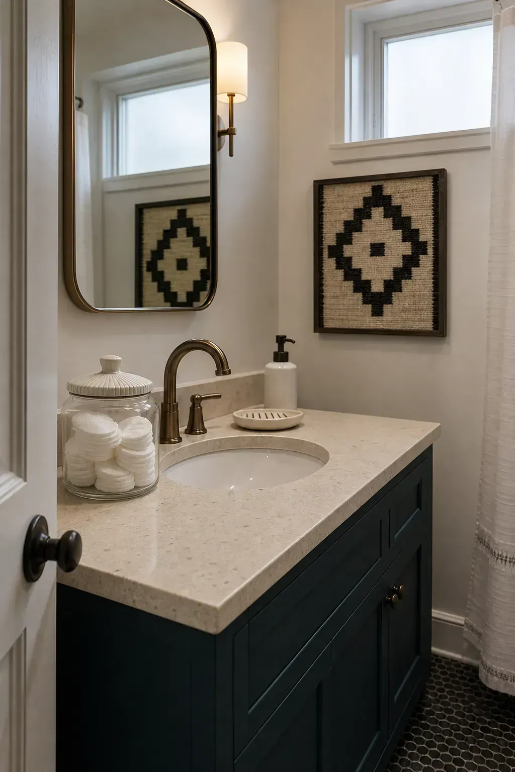 Lidded jar of cotton basics on a guest bathroom vanity