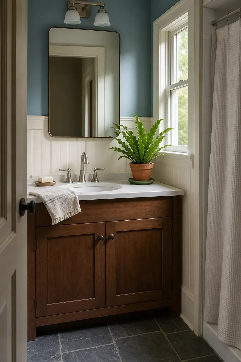 Small moisture-tolerant plant placed away from a guest vanity splash zone