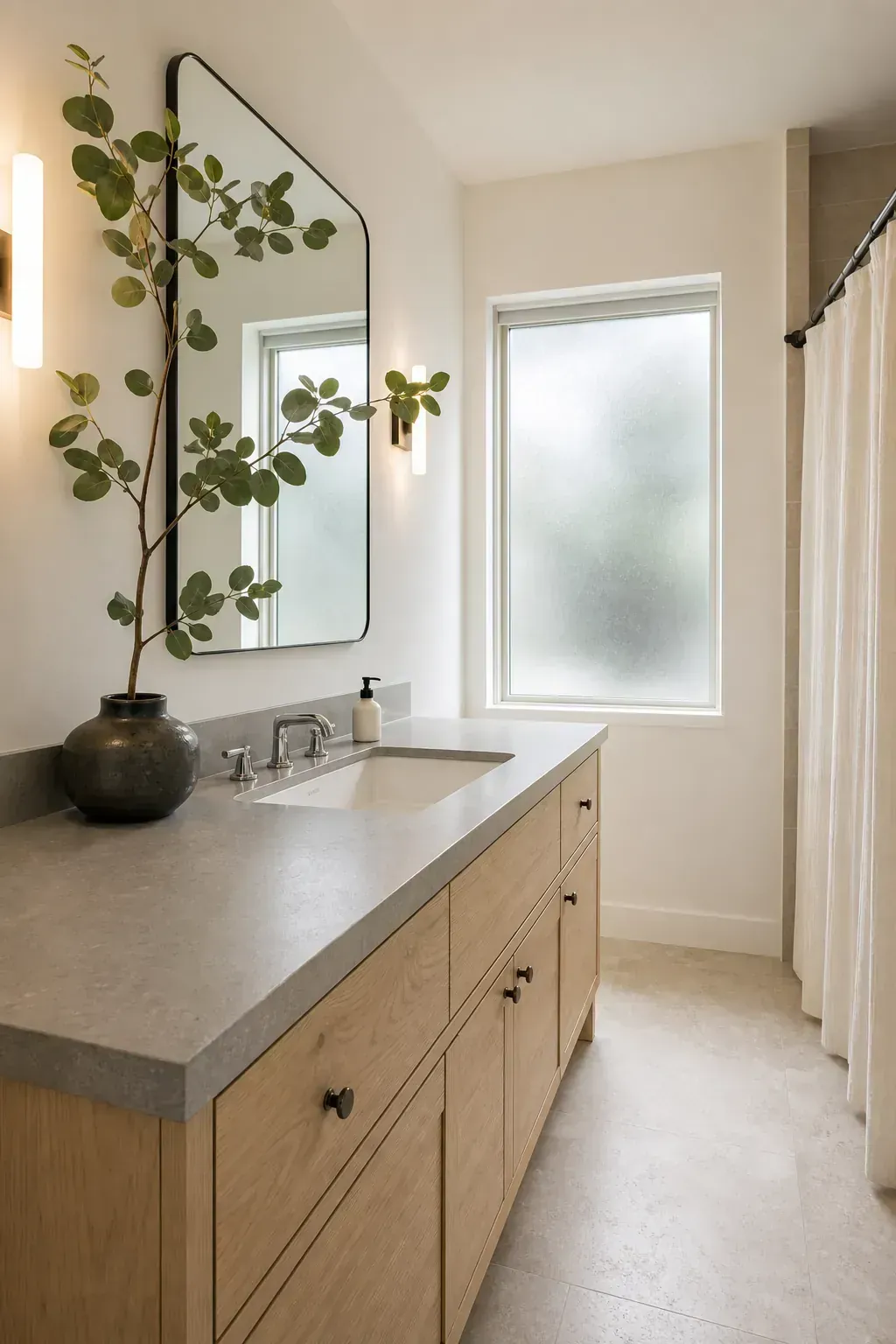 Single leafy branch in a stable vase on a guest vanity