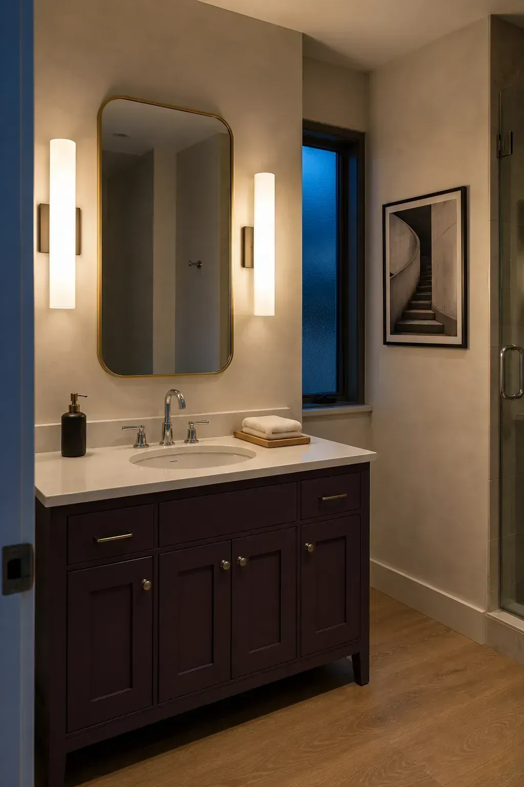 Soft diffused sconces illuminating a styled guest bathroom vanity