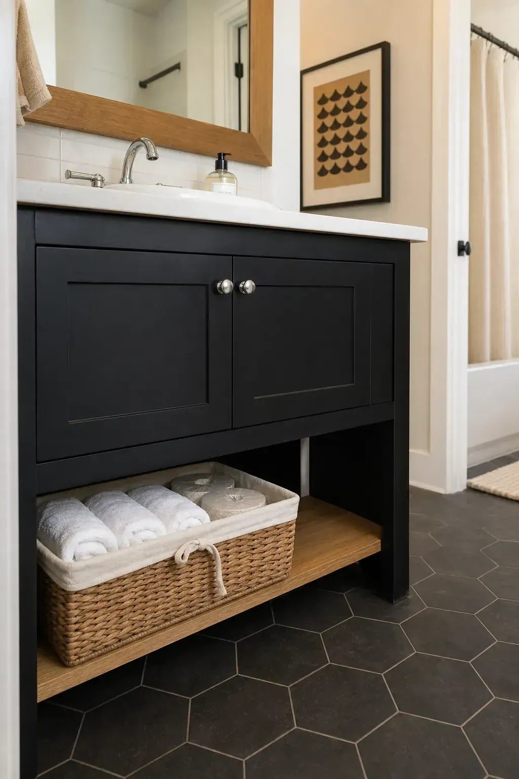 Lined woven basket storing guest essentials on an open vanity shelf