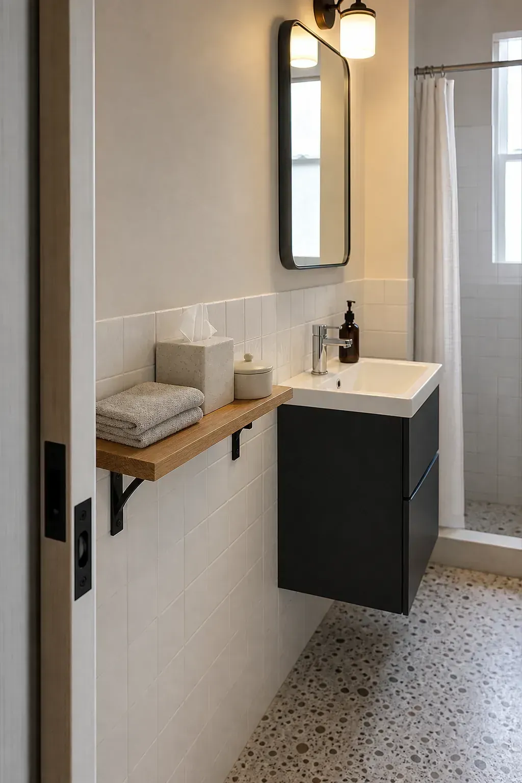 Narrow wall shelf preserving open counter space beside a guest vanity