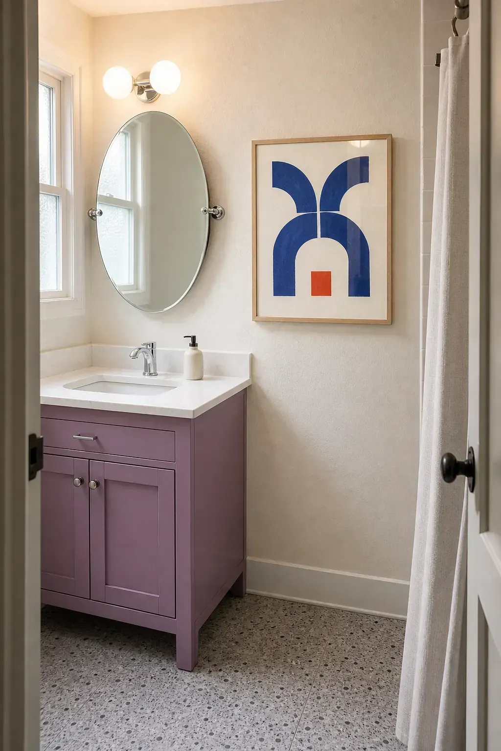 Specific geometric artwork adding personality beside a guest vanity