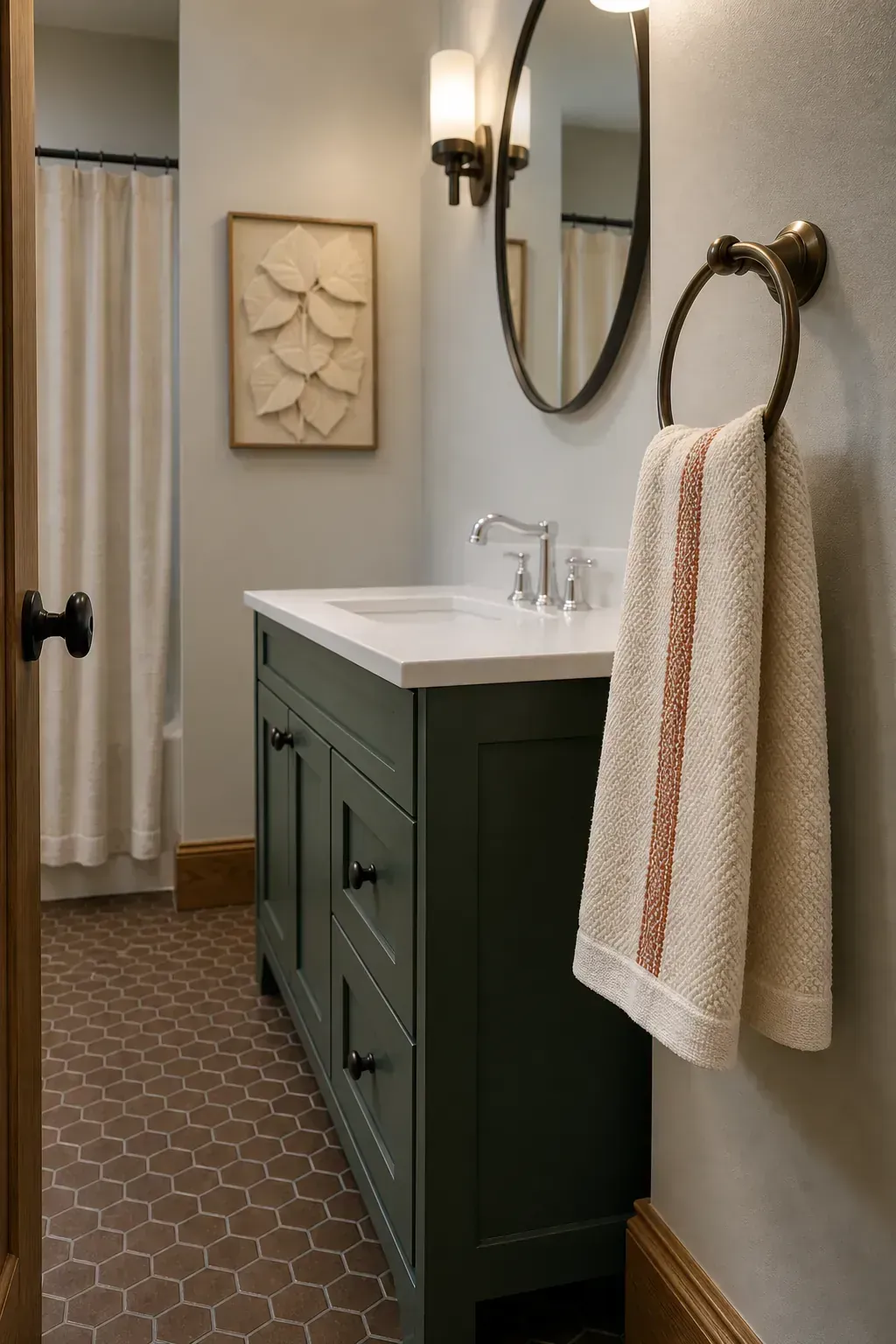 Well-placed towel ring beside a guest bathroom vanity