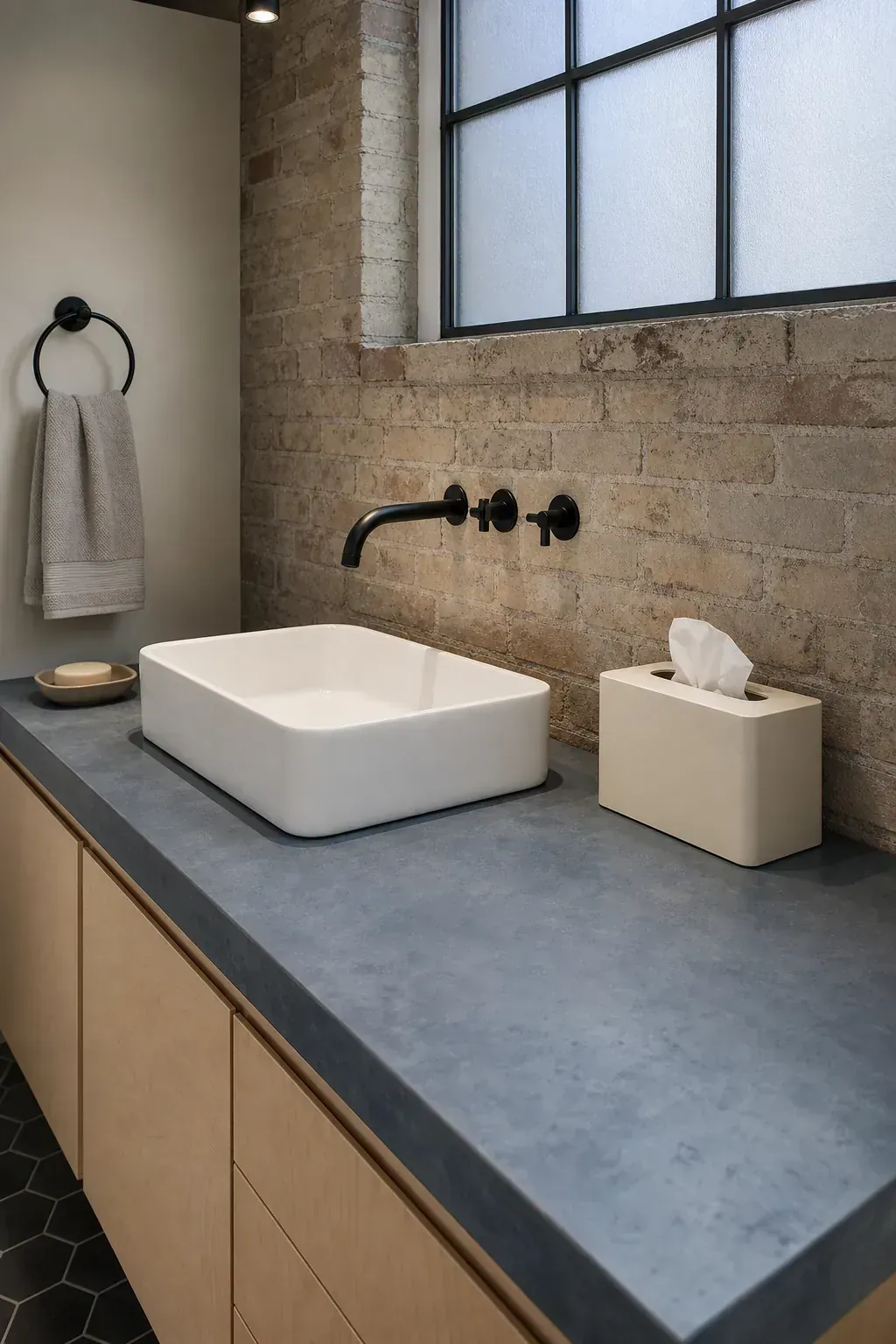 Coordinated tissue box cover placed at the back of a guest vanity