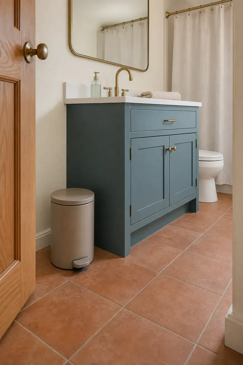 Discreet lined trash bin positioned beside a guest vanity
