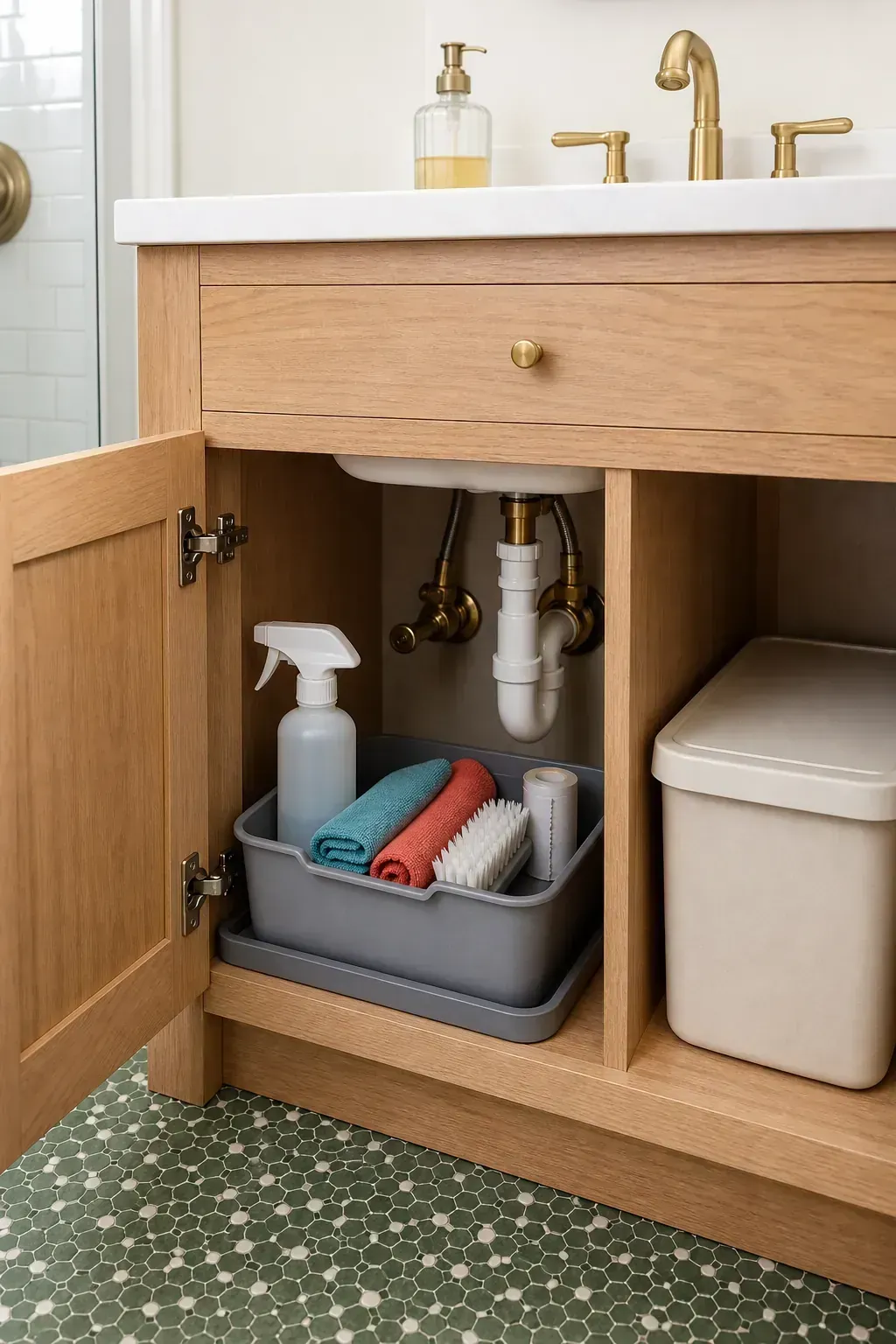 Organized cleaning caddy stored below a guest bathroom vanity