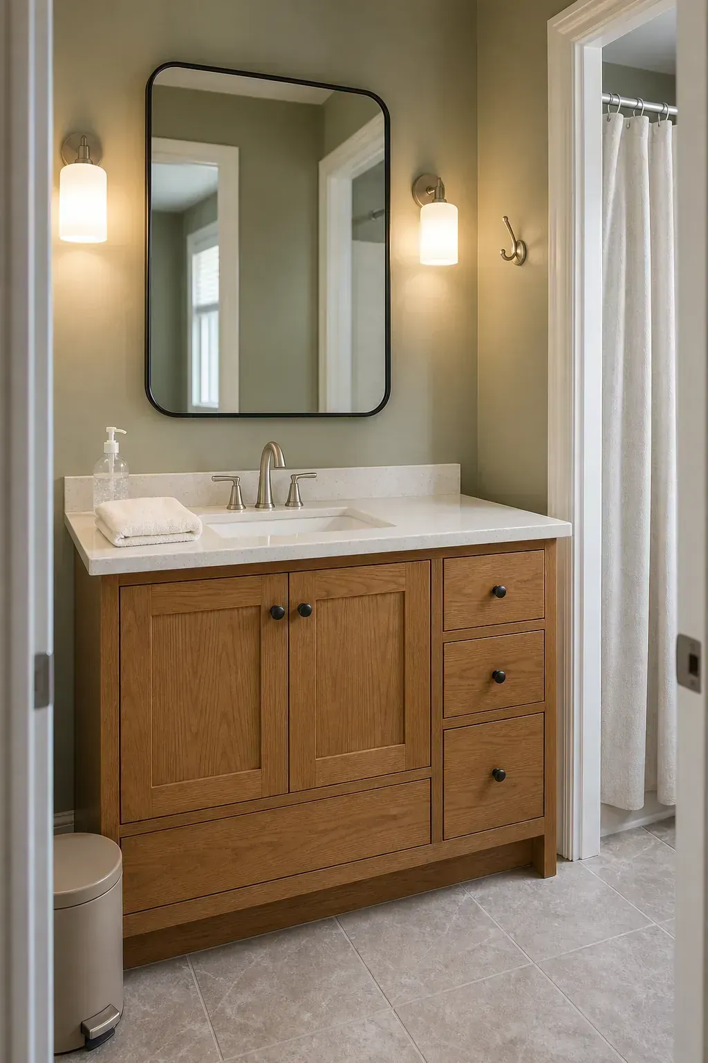 Simple guest bathroom vanity styled with only useful essentials