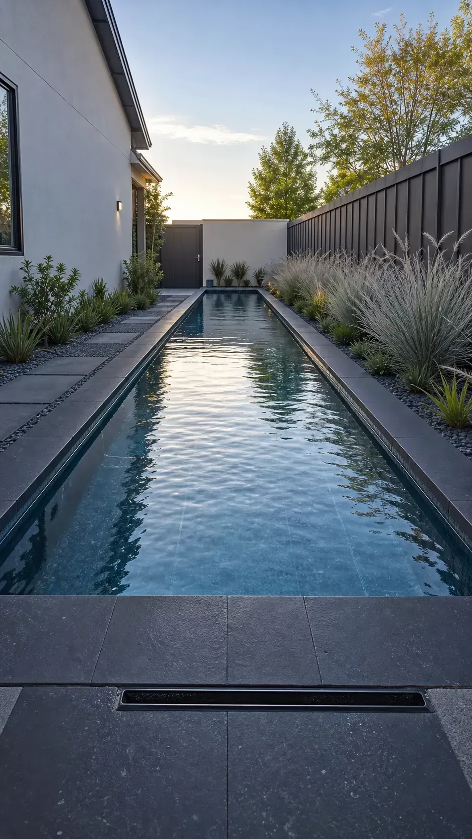 align a lap pool with the long axis in a long and narrow backyard pool layout