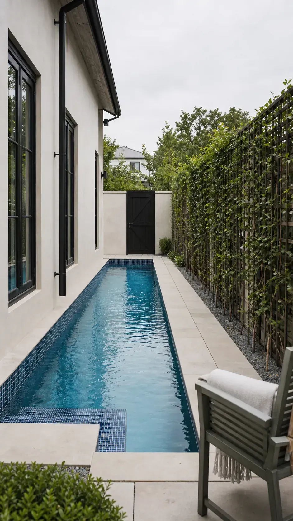 use the side yard as the swim lane in a long and narrow backyard pool layout