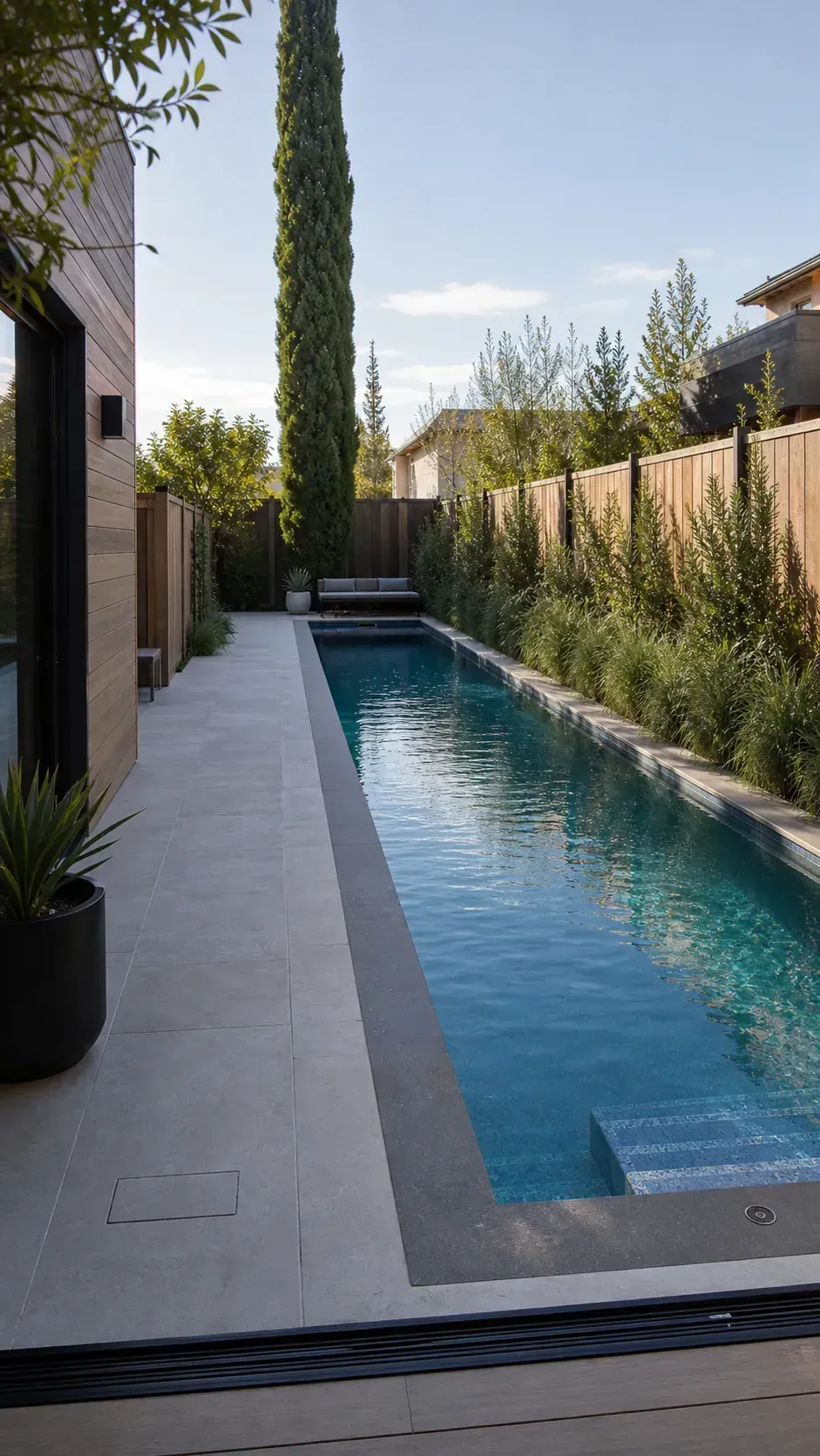 Long narrow backyard pool with single-side walkway and privacy planting