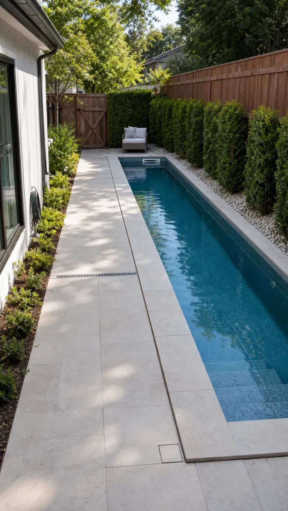 shift the pool to one side in a long and narrow backyard pool layout