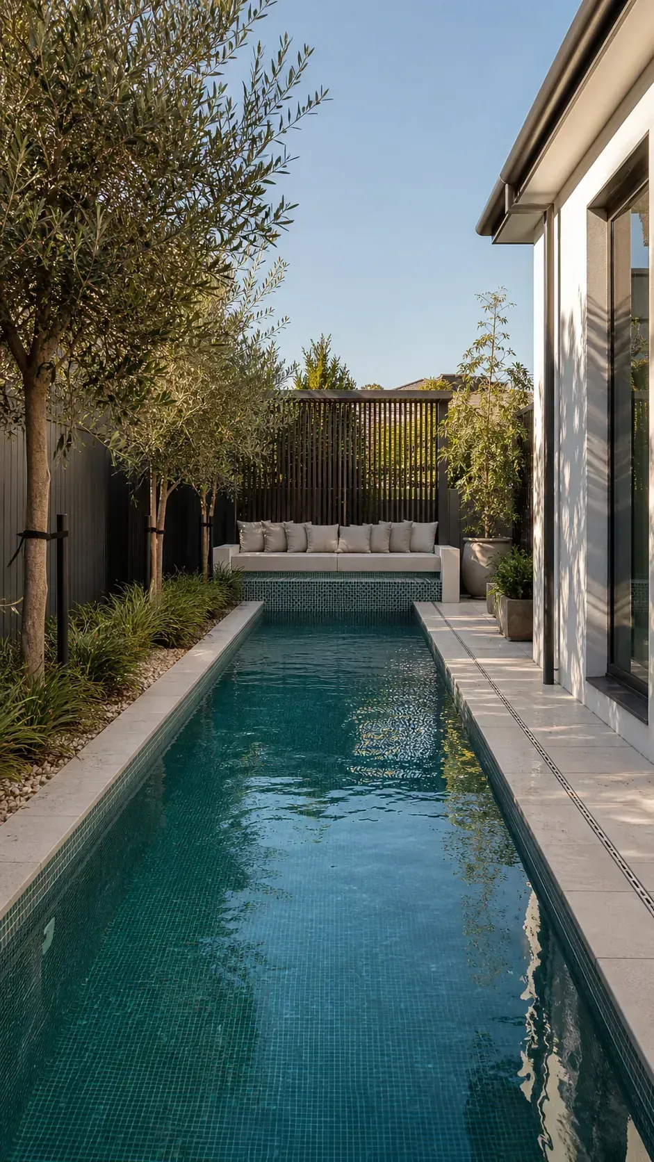 finish the far end with a full-width bench in a long and narrow backyard pool layout
