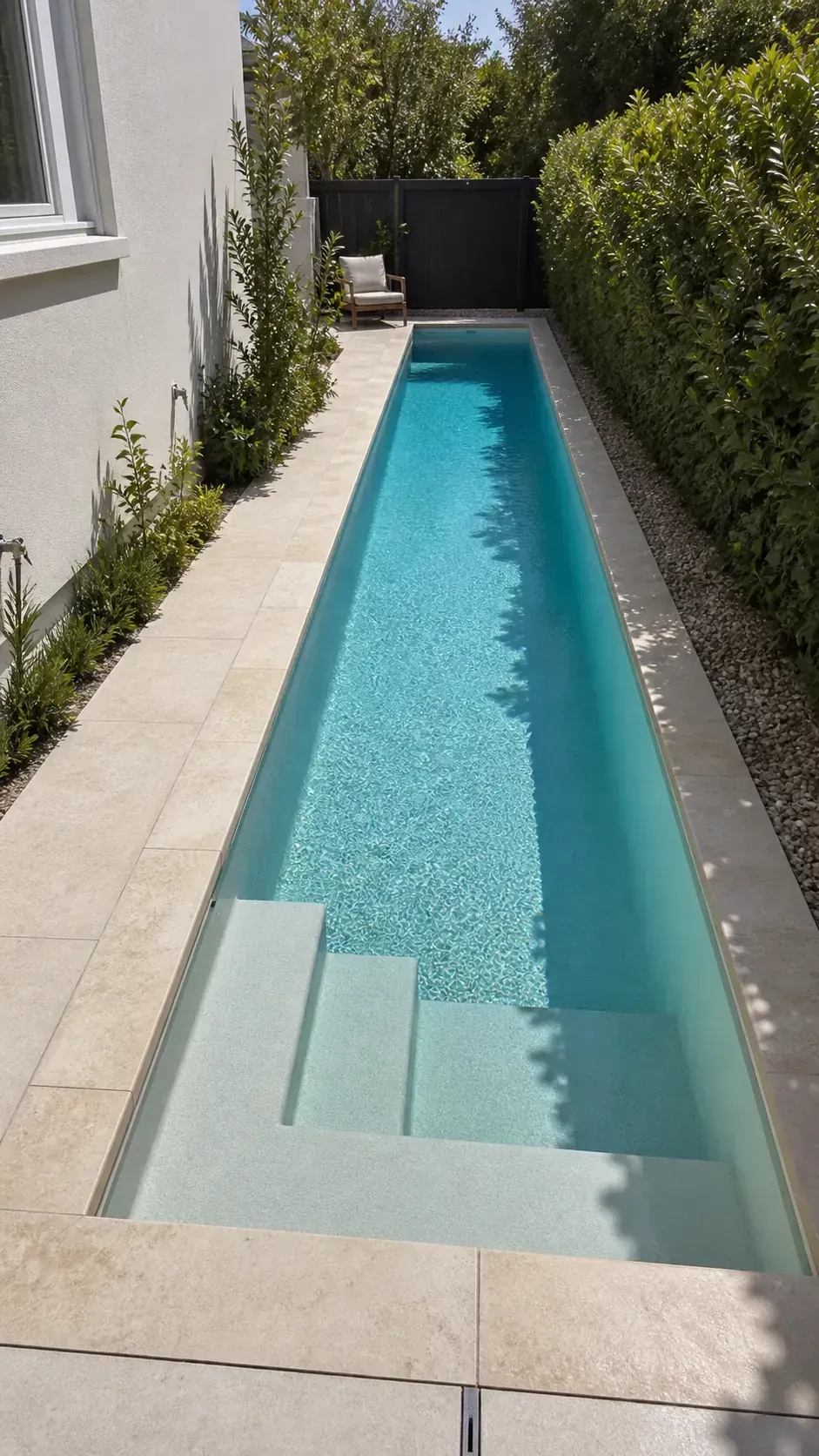 put steps in a single corner in a long and narrow backyard pool layout
