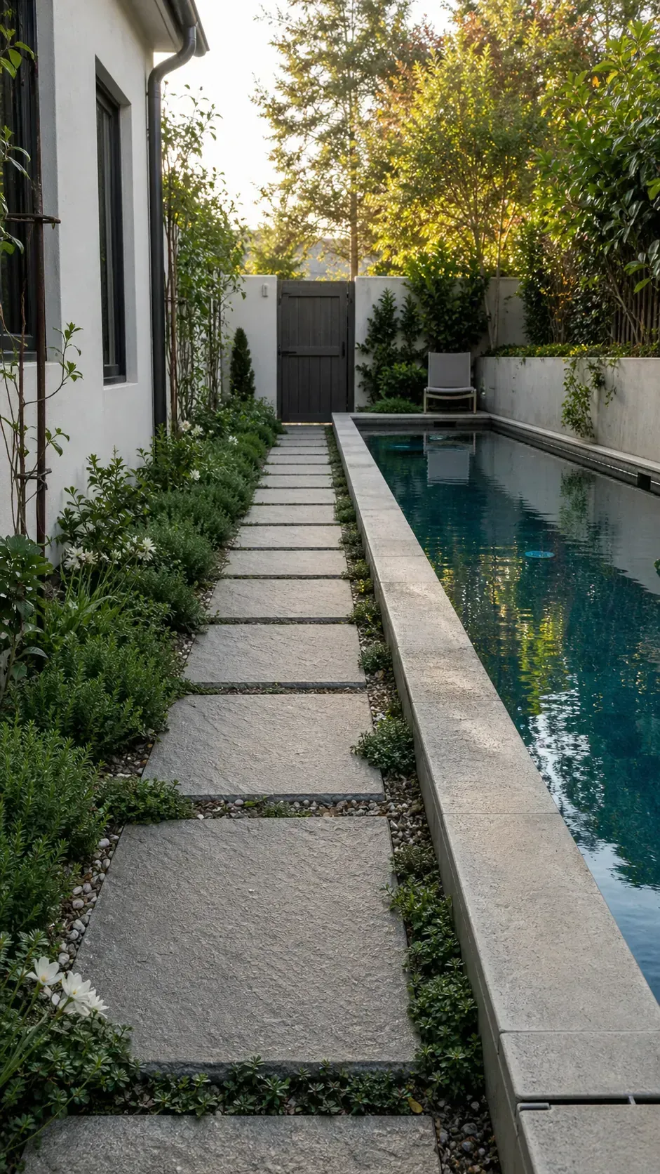 create a garden walk beside the water in a long and narrow backyard pool layout